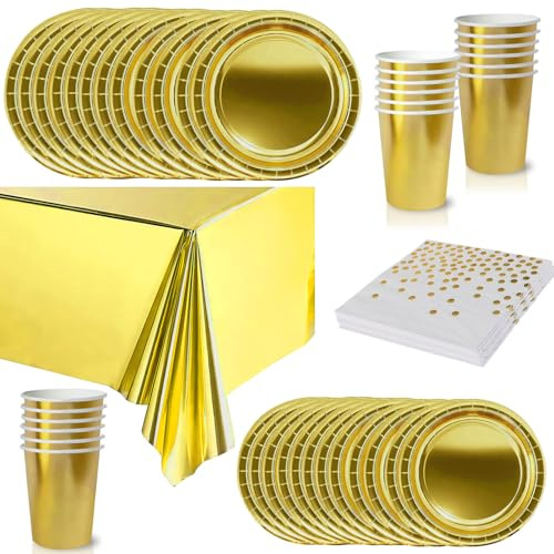 65 Pezzi Set Stoviglie per Feste Oro Foil,Piatti Tazze Asciugamani di Carta Tovaglia Plastica Stoviglie Monouso Biodegradabili,Decorazione Desktop per Feste di Compleanno,Picnic,Baby Shower