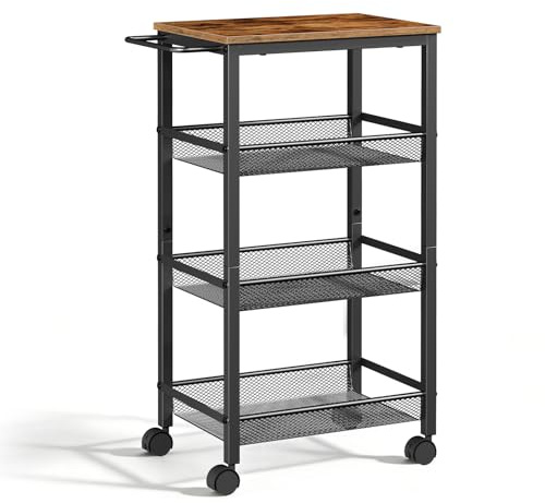 HOOBRO Carro de Servicio de 4 Niveles con Ruedas y Patas Ajustables, Carrito con Ruedas y Paneles Laterales, Carro de Cocina, Carrito de Bar, para Cocina, Salón, Baño, Negro y Marrón Vintage EBF72TC01