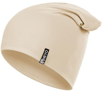 HEYO Unisex Slouch Beanie Mütze aus Baumwolle Übergangsmütze Damen Herren Elastisch Dünne Kopfbedeckung Sportmütze HCU007 (DE/NL/SE/PL, Alphanumerisch, Einheitsgröße, Beige)