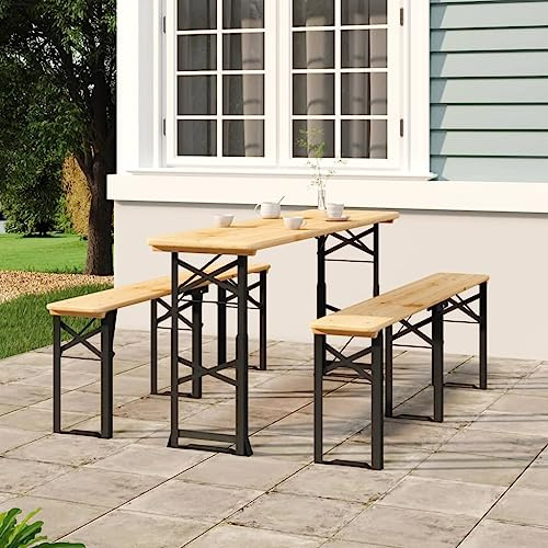 Keeushr Tavolo da birra pieghevole in legno massello abete 170 x 50 x 75/105 cm, altezza regolabile con struttura in metallo, per feste in giardino e feste di compleanno