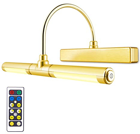 LUXSWAY Wireless Picture Light with Remote Control,Battery Operated Painting Light with Dimmable & Timer,180° Adjustable Head for Wall Art,Canvas Paintings,Portrait Displays-Gold