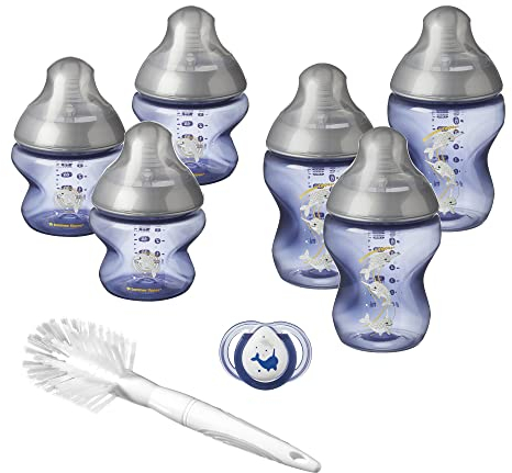 Tommee Tippee Closer to Nature Newborn Baby Bottle Starter Set, Breast-like Teats with Anti-Colic Valve, Blue Narwhal Decoration