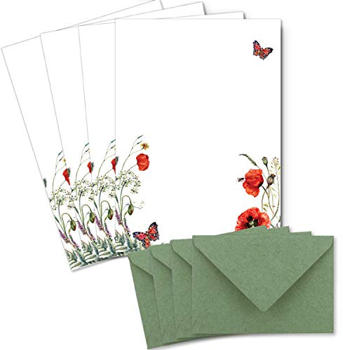 25 Briefbogen-Sets DIN A4 - Naturpapier Motiv Mohnblume - mit Briefumschlägen DIN C6 in Kraftpapier Grün Briefpapier bedruckbar ideal für Hochzeitseinladungen