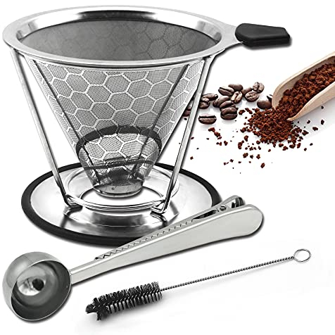 LIGICKY Reusable Coffee Filter Professional Manual Stainless Steel Coffee Dripper Cone Coffee Strainer Paperless Coffee Maker for 2-4 people with Removable Cup Stand, Cleaning Brush, Coffee Scoop