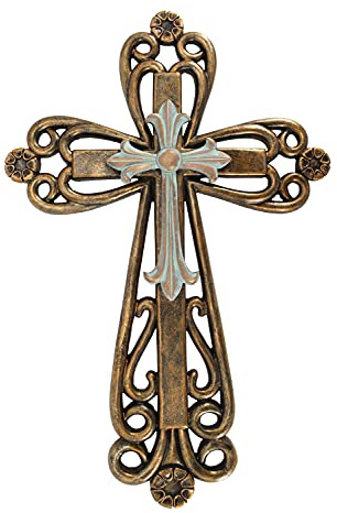 Comfy Hour Rustic Bronze & Turquoise Wall Cross 13 inch Vintage Western Home Decor – Heavy Stone-Resin Art – Religious Christian Gift for Living Room, Bedroom & Entryway, Cooper