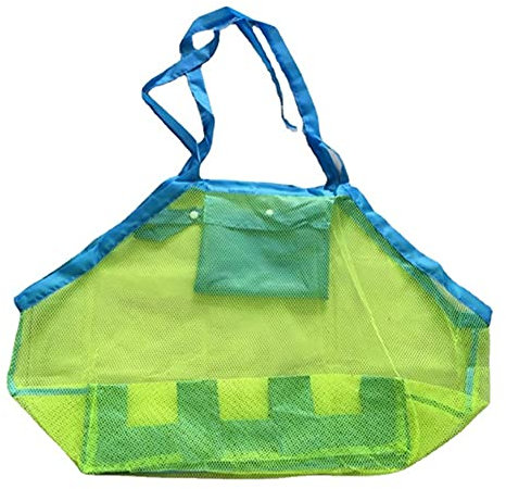 ANCLLO Strandtasche Strandspielzeug Tasche XXL Groß für Sandspielzeug Wasserspielzeug für Kinder Aufräumsack Spielsack Badetasche Beachbag Faltbar für Familie Urlaub (Grün Mesh/Blau Strap)
