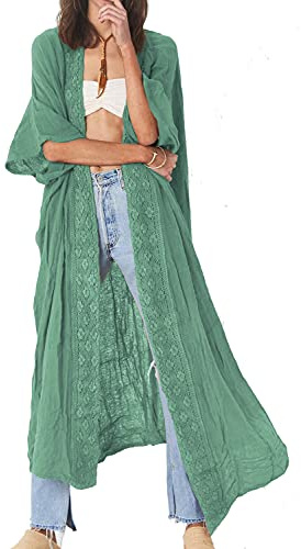 YouKD - Abito lungo in stile bohémien da donna, kimono, taglia grande, cardigan, copricostume da spiaggia, vestaglia, D verde, Etichettalia unica