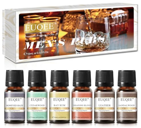 EUQEE 6PCS Fragrance Oils for Men, Men's Pubs Gift Set Premium Fragrance Oils -10ml-Leather, Honeyed Haze, Dragons Blood, Sandalwood, Bay Rum, Cedarwood (Men's Pubs)