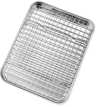 P&P CHEF 10.4 Inch Toaster Oven Pan Tray with Wire Rack, 2 PCS | Baking Sheet Pan + Cooling Rack for Cooking/Roasting, Dishwasher Safe & Rust Free, Non-toxic & Sturdy