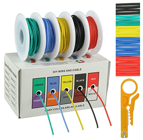 BOJACK 20 AWG Flexible Silicone Wire Electric Wire Hook up Wire Kit 300V Cables with Plus 20 φ3mm Heat Shrink Tubings and a Mini Wire Stripper(5 Colors 19.69Ft Each Color, 20AWG)
