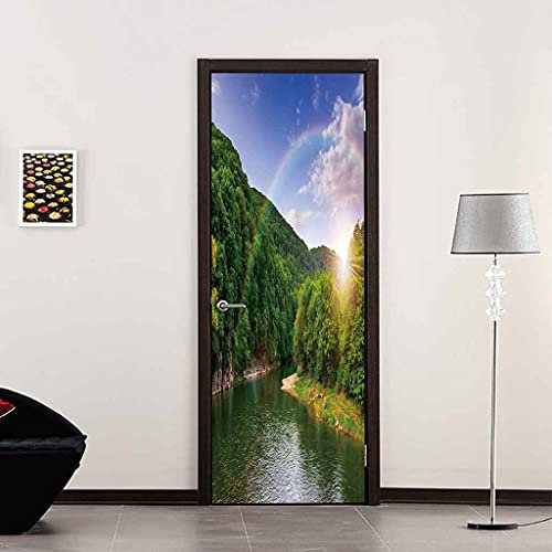 CBWRAW 3D Türaufkleber Sonnenschein-Waldsee-Landschaft Abnehmbare PVC Selbstklebende wasserdichte Wandbild Art Decals Poster Tapete Für Wohnzimmer Küche Schlafzimmer Kinderzimmer Dekoration 90x200cm