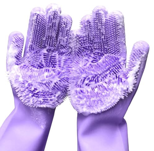 Wiederverwendbare Silikon-Geschirrspülhandschuhe, Gummi-Scheuerhandschuhe für Geschirr, Reinigungsbürste mit Schwamm, für Hausarbeit, Küche, Auto, Fensterreinigung. 1 Paar (34,5 cm groß) (lila)