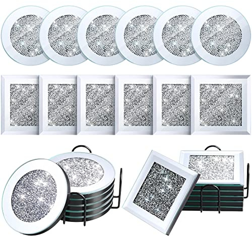 Mimorou 14 Pcs Crystal Coasters with Holder Set 2 Black Holder 12 Glass Mirrored Silver Round Square Diamond Coasters 4 Inch for Kitchen Dining Table Home Coffee