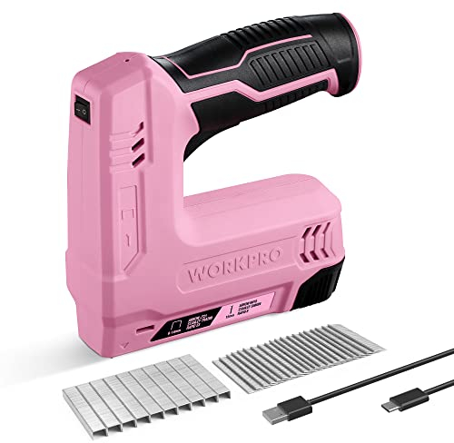 WORKPRO Kabelloser Hefter, 3,6 V, 2000 mAh, mit 2000 Heftklammern, 2-in-1 Multifunktions-Hefter, kompatibel mit Nägeln und Heftklammern Typ 53, 8 für DIY-Projekte in Möbeln, Tischlerei (Rosa)