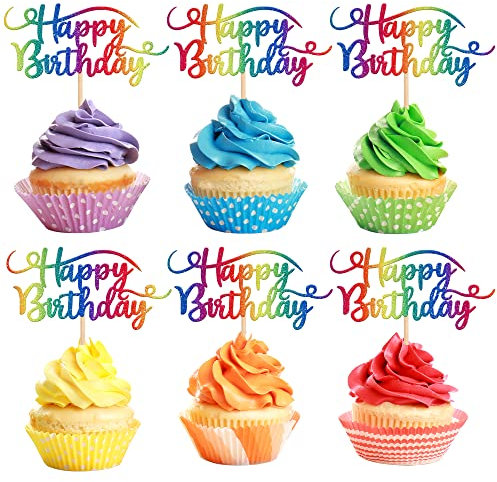 Rsstarxi 24 Pack Happy Birthday Cupcake Toppers Glitter Birthday Cupcake Food Picks for Celebrating Happy Birthday Party Cake Decorations Supplies Iridescence