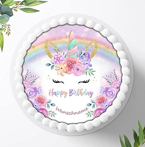 Für die Geburtstags Torte, Zuckerbild kompatibel mit: Einhorn Tortenbild Personalisiert mit oder ohne Wunschname, Essbares Foto für Torten, Fondant, Tortenaufleger Ø 20cm, 0271z