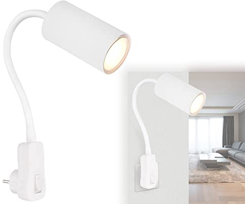bmf-versand® Steckdosenlampe mit Schalter - Wandleuchte Innen Kinderzimmer mit Stecker - Steckerleuchte Weiße Wandlampe Schlafzimmer Steckdose - Leselampe Weiß - GU10