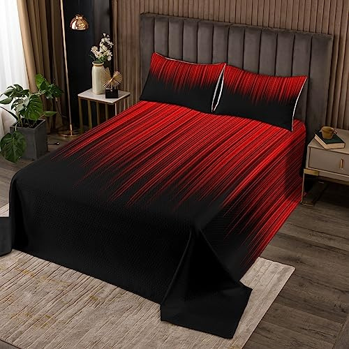 Geometrisch Abstract Ombre Dekorative Tagesdecke 240x260cm Weich Rot Schwarz Striped Quadratisch Steppdecke Kinder Wohndecke Modern Bettüberwurf Dekor Doppelbett Gesteppt mit 2 Kissenbezug 3Stück