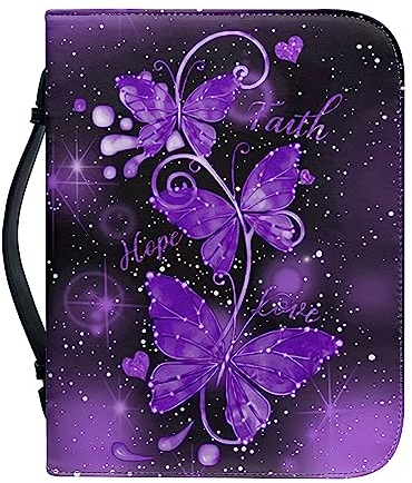 Talayituse Personalisierte Kunstleder-Bibelhülle für Männer und Frauen, christliche Bibelhülle mit Griff, Tragetasche, Bibeltasche, Violettes Schmetterlingsherz, X-Large