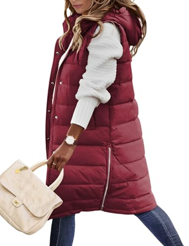 Yuson Girl Chaleco Mujer Chalecos Acolchados Medio Largo Chaquetas sin Mangas Casual Chaleco Grueso Invierno Abrigo Outwear con Capucha Largos Calentador de Cuerpo con Bolsillos(Borgoña, L)