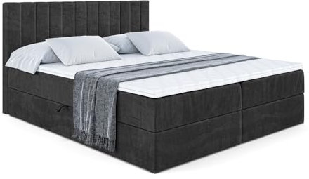 ALTDECOR Boxspringbett mit Matratze und Lattenrost, Boxbett, Topper, Polsterbett mit Bettkasten, Bett mit Stauraum H3-Matratze, Doppelbett, Springboxbett - Edita - 160x200 - Schwarz Samt