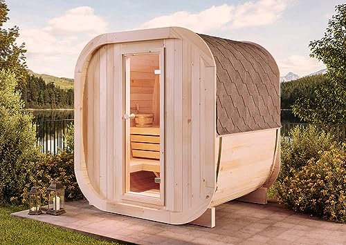 FinnTherm ScandiCube Mini XS Sauna d'extérieur moderne avec couverture de toit et sol, diamètre 214 x 160 cm, volume 5 m³, sauna de jardin avec paroi de 42 mm d'épaisseur, sauna d'extérieur en épicéa