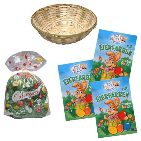 Påsk, 5-delat set, 1 bambukorg, 50 g påskgräs, 3 äggfärger paket med 5 färger vardera, påskdekoration