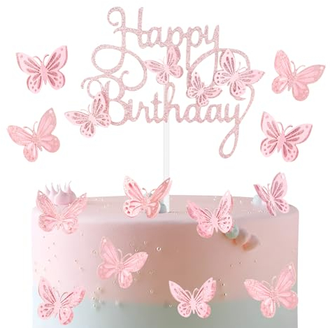 13pcs rosa farfalla felice compleanno torta toppers,Farfalla Glitter decorazioni di compleanno per donne e ragazze,personalizzato topper torta rosa per festa di birthday decorazioni