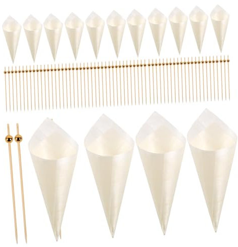 PLAFOPE Conos De Helado De Madera Desechables 125 Mm 100 Unidades y Palillos Para Cóctel 12 Mm 100 Unidades – Set De 200 Piezas Para Aperitivos, Fiestas Tropicales y Decoraciones Hawaianas