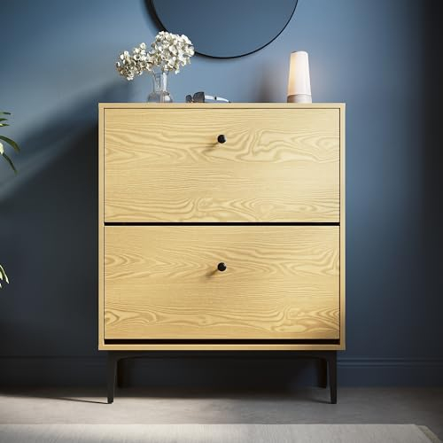 SONNI Schuhschrank, schmales Schuhregal, Schuhkipper, mit 2 Klappen für 24 Paar, Metallbeinen und verstellbarem Regal, Platzsparend, Staubdicht, für Eingangsbereich, Flur, 80x30x95cm, Eichenfarbe