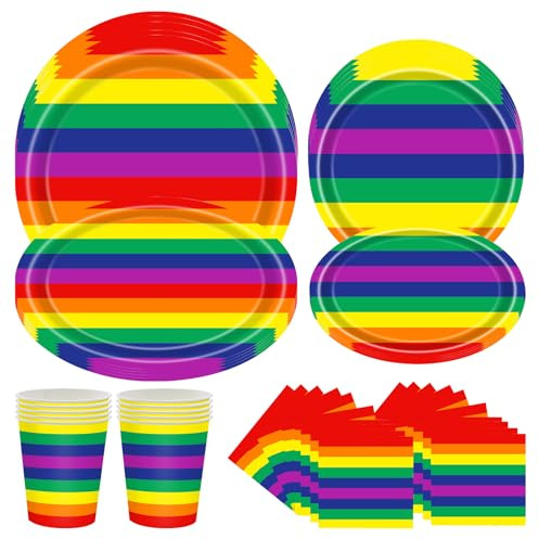 inheming 50 Stück Regenbogen Party Geschirr Set,Geburstag Partygeschirr Set,Regenbogen Deko Kindergeburtstag Zubehör,Regenbogen Pappteller Tissue-Papier Becher