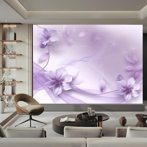 Papier Peint Panoramique 350 x 256 cm Fleurs d'Illustration Violet Blanc, Tapisserie Murale Intissé pour Salon et Cuisine, Fresque Murale 3D HD Artistique, Poster Mural Décoratif Élégant et Raffiné