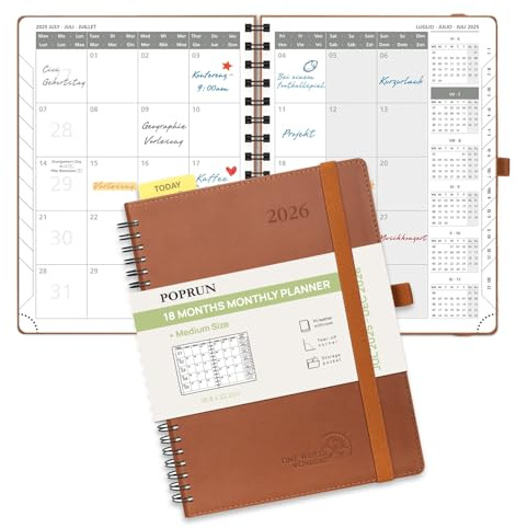 POPRUN Kalender 2025 2026 Monatsplaner 22 x 16,5 cm - 18 Monate Monatskalender Ringbuch A5 (Jul.2025-Dez.2026) - 1 Monat 4 Seiten, Softcover mit PU-Leder, 100 GSM Papier - Braun