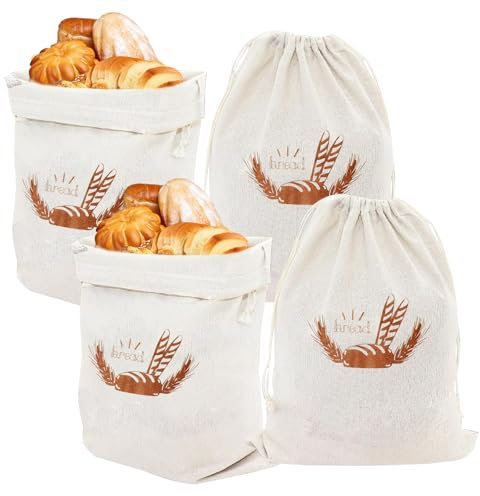 Dewocke Sacchetto Portapane, 4 Pezzi Sacchetti per Il Pane in Lino Naturale, Riutilizzabili, Sacchetti per La Conservazione Degli Alimenti, per Pane Prodotti da Forno Frutta e Verdura