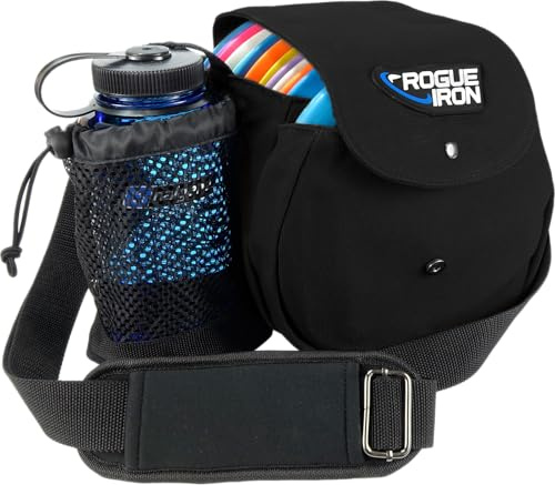 Rogue Iron Disc Golf-Umhängetasche für Frisbee-Golf, für bis zu 14 Scheiben, große Wasserflasche mit 900 ml Fassungsvermögen und Zubehör V2 (14 Discs, grau) (schwarz)