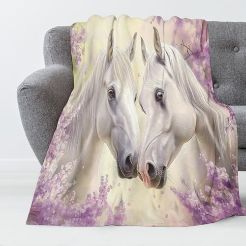 Kuscheldecke Flauschige Weich Sakura Weißes Pferd Fantasietiere Wohndecke Flanell Fleecedecke, Falten Beständig Anti-Verfärben Als Sofadecke Oder Bettüberwurf,75X100Cm