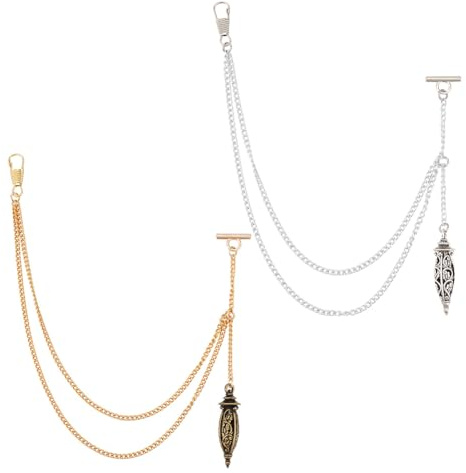 DELORIGIN Chaîne de Montre de Poche 2 couleur avec Pendentif Creux Vintage Chaîne de Gilet en Métal pour Homme Chaîne à Maillons Gourmette pour Montre de Poche Cadeau D'Anniversaire