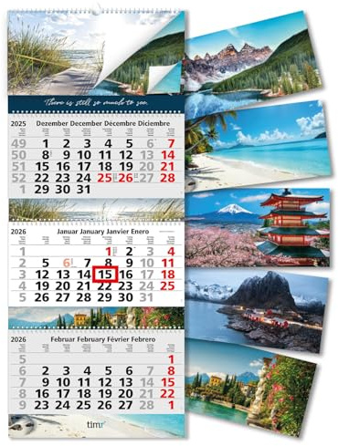 Timr 3-Monatskalender 2026 Bilder - Wandkalender 3 Monate mit Schieber zum Aufhängen - Bildkalender 6 Motive zum wechseln - 81 cm - mehrsprachig D GB F E - tr336