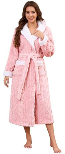 UMIPUBO Mujer Bata Invierno Albornoz con Capucha Polar de Invierno Larga Bata De Casa Baño Ducha Robe Acogedora Esponjoso Suave y con Bolsillos Cinturón Ajustable (Rosa, XL)