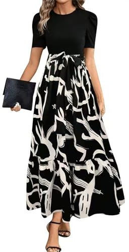 Sommerkleid Damen Lang Elegant Maxikleid Sommer Kurzarm Plissee Kleider Frauen Lässig Kleid A Linie Rüschen Patchwork Sommerkleider Leicht Und Luftig Party Strandkleid Hohe Taille Mit Gürtel