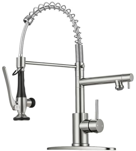 RNDIOZD Kitchen Faucet with Pull Down Sprayer - Brushed Nickel Single Handle Commercial Kitchen Faucets, 2-Spout Stainless Steel Spring Pull Out Kitchen Sink Faucet 1/3 Hole with Deck Plate