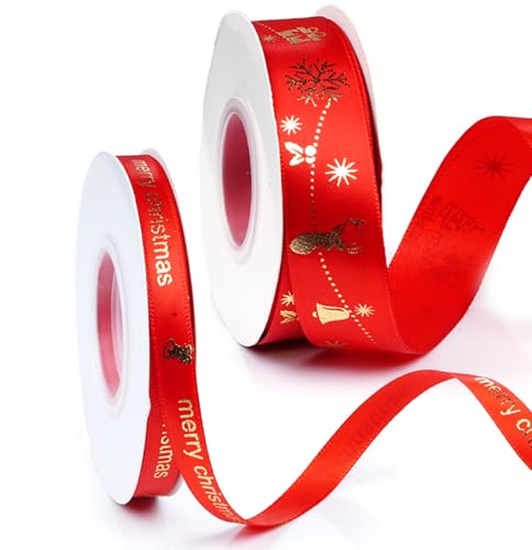 25 Yards Schleifenband Weihnachten, 2 Rollen Geschenkband Weihnachten,2.5&1CM Breite Weihnachtsbänder Dekoband für Geschenkverpackung Weihnachten Dekoration (Rot)