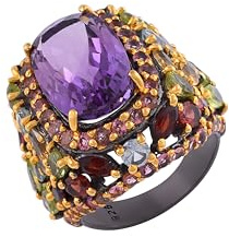 Bague en argent sterling 925 plaqué or rhodium noir améthyste multi saphir tourmaline rectangulaire 16 x 11 mm marquise 6 x 3 mm poire 5 x 3 mm rond 1,5 mm SZ- 61 (19,4), S 1/2