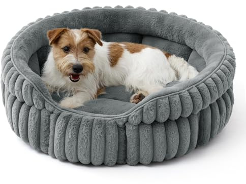 BEDSURE Kleine Hundebetten Waschbares Cord-Fleece Welpenbett, 66x66cm | Rundes großes Katzenbett Umarmungs-Stil Tiefschlaf hohe Ränder, herausnehmbares Wendekissen, rutschfest, Grau