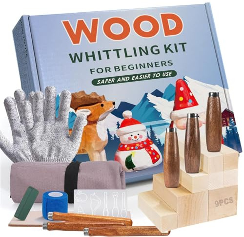 21PCS Wood Kit for DIY, Shaping, Painting Creative Art Craft, 6PCS Basic Tools and 9PCS Basswood Blocks, Gloves, Roll Bag,Sharpener Durable Wood Tools Kit