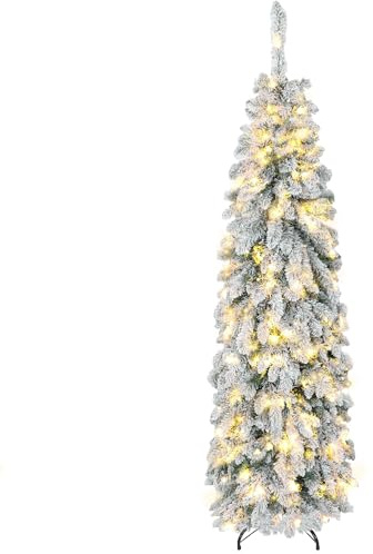 HOMCOM Árbol de Navidad Estrecho 180 cm con Luces Incorporadas Verde | Árbol de Navidad Nevado, LED Bicolores, 11 Modos de Iluminación, 540 Ramas, Soporte de Acero, Fácil de Montar, Temporizador