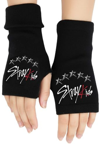 1 Paar Stray Handschuhe Fingerlos - K-Pop Fanartikel, Schwarze Baumwoll Skz Merch Strickhandschuhe für Stray Fans - Schwarz Winter Gloves für K-Pop Fans