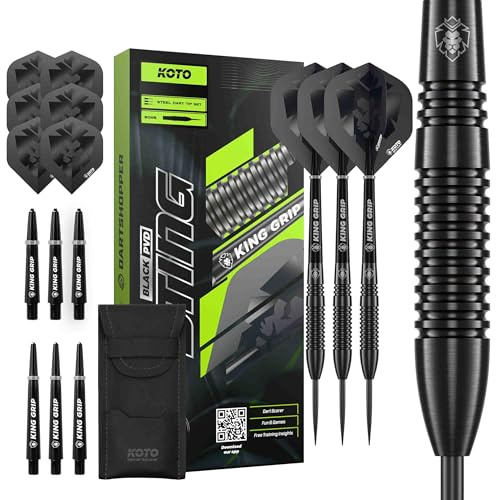 KOTO – Sting Black 90% Tungsten Darts, 10G-32G, Schwarz, Mit Extra Flights und Shafts, Steeldarts, Dartpfeile Profi Set | 25 G Steeldart Pfeile, Inkl. 3 Barrels, 6 Dart Flight & 6 Shaft, Mit Dart-Wallet, Präzise Gefrästem Ringgrip