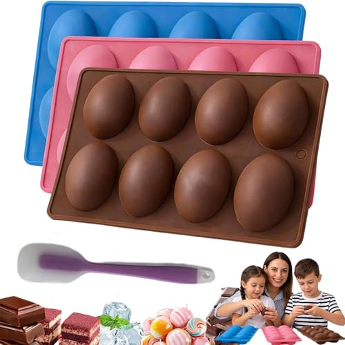 Easter Egg Silicone Mold for Baking, 8 Cavity Easter Egg Moulds, Non-Stick Easy Release Easter Chocolate Moulds, Silicone Moulds for Chocolate, Cake, Jello, Ice Cream, Dessert (3Pcs-A)