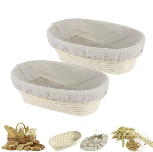 2 Stück Gärkörbchen Oval, Gärkorb Oval, Ovaler Sauerteig Gärkorb Brots, Handgefertigter Rattan Gärkorbs Mit Leinen, Backen Backteigschüssel, Zubehör Zum Brotbacken Für Profis, Hobbybäcker